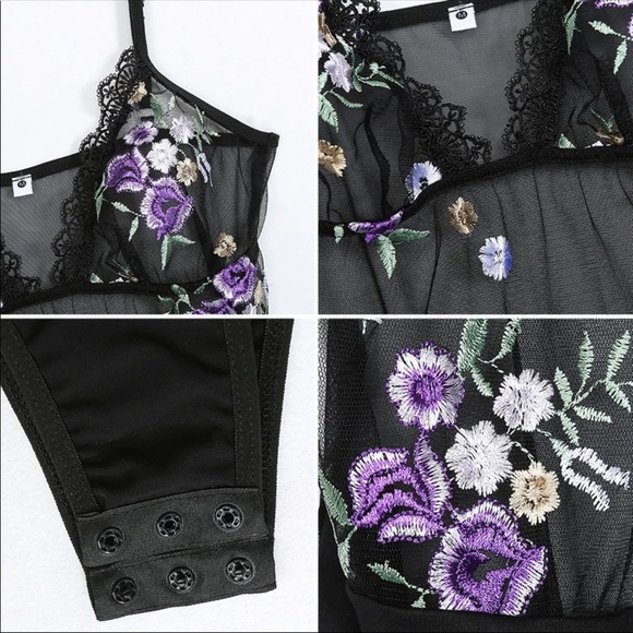 NWT EMBROIDERED FLORAL MESH THONG BODYSUIT BLACK S - Picture 4 of 4